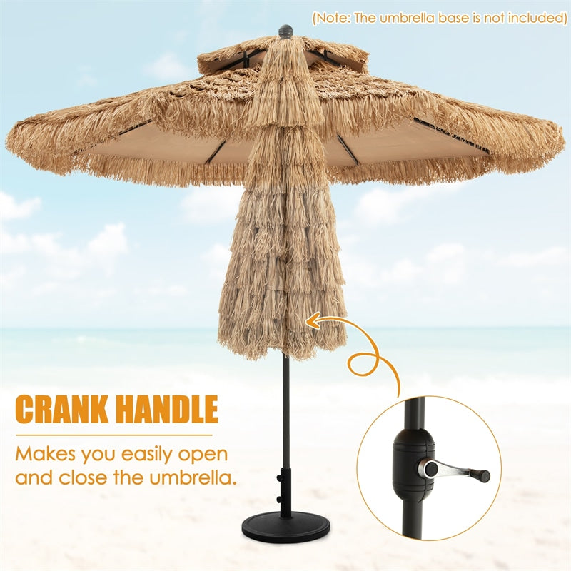 9 ft 2-Tier Thatched Patio Umbrella Hawaiian Style Grass Beach Umbrella with Crank Handle