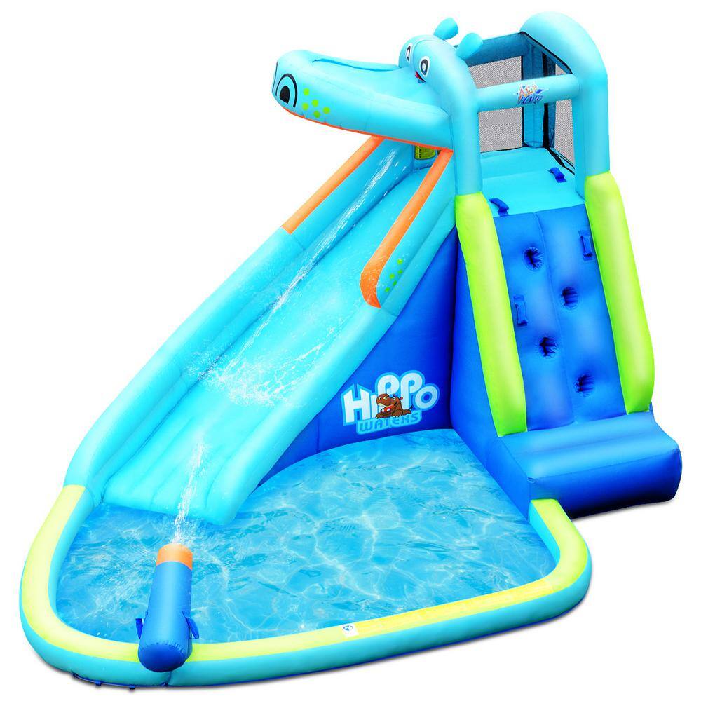 Costway Blue Inflatable Kids Hippo Bounce House Slide Climbing Wall Splash Pool with Bag OP70100