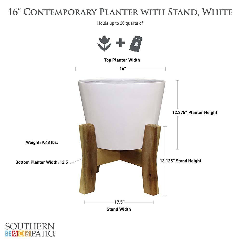 Vigoro 16 in. Shevlin Large White Resin Planter (16 in. W x 19.9 in. H) With Wood Stand CMX-049371A