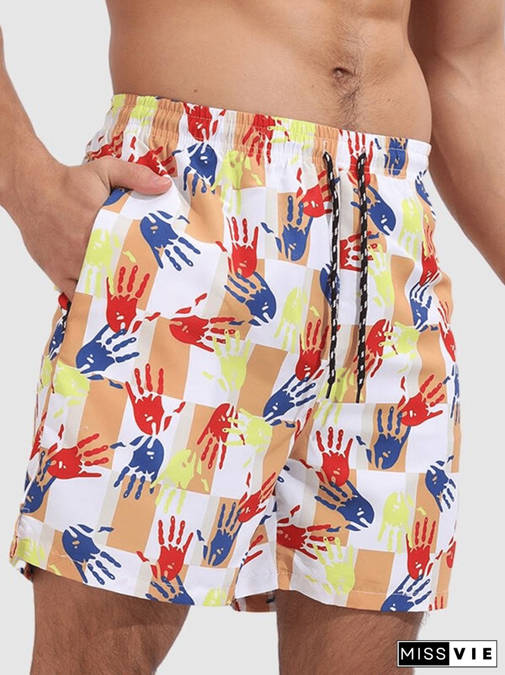 Men's Resort Double Layer Graffiti Palm Print Beach Pocket Shorts