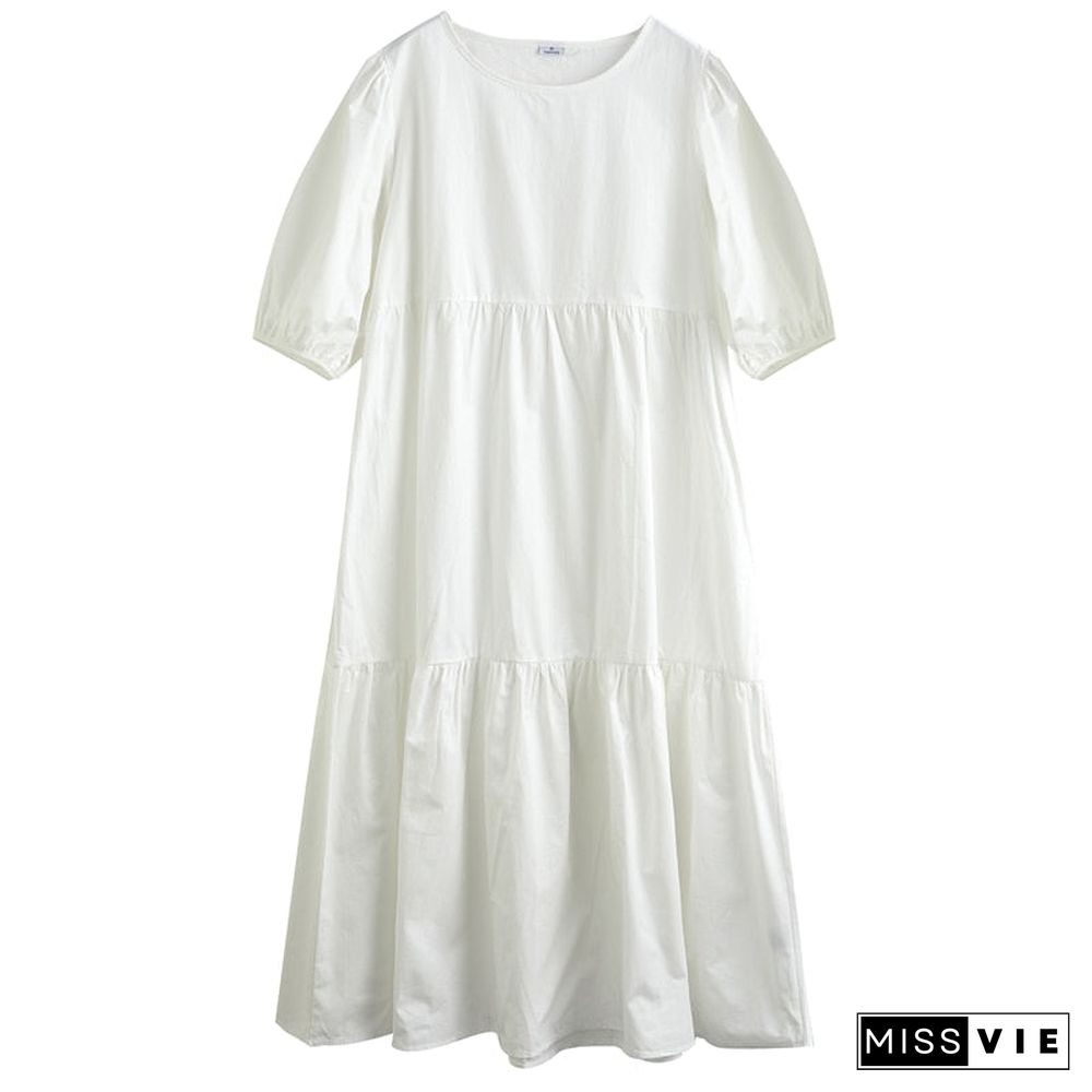 Toppies White Cotton Puff Sleeve Dress Woman Summer Midi Dress Short Sleeve Cascading Ruffles Blouses Dress