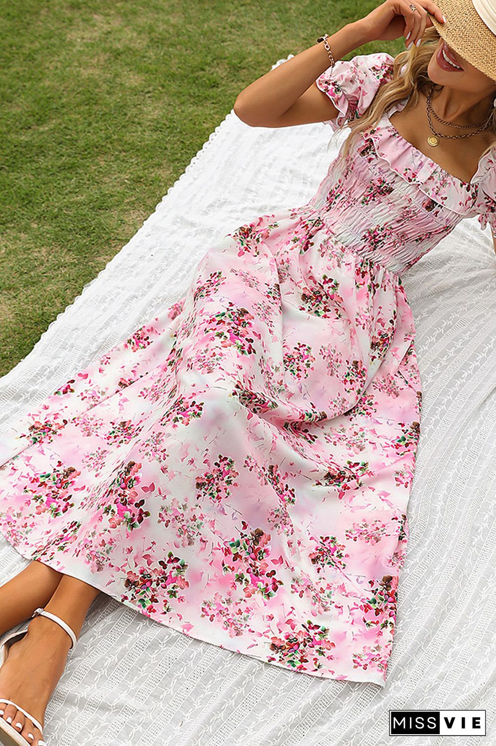 Pink Floral Square Neck Smocked Ruffles Maxi Dress