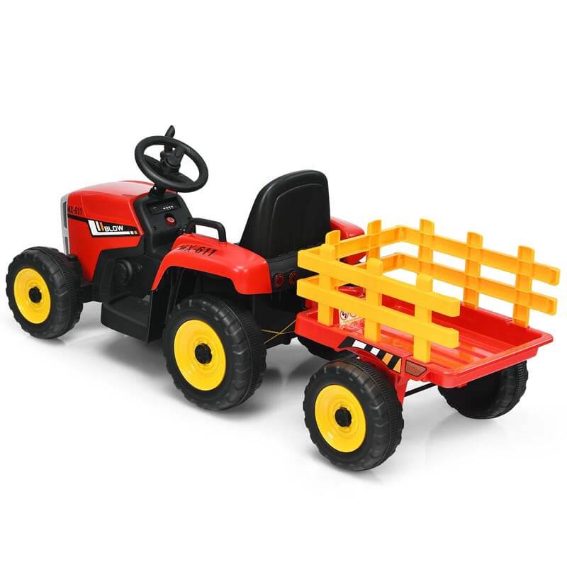 Kids Ride on Tractor w/Trailer 12V Battery Powered Electric Riding Toy Car Vehicle with 3-Gear-Shift Ground Loader