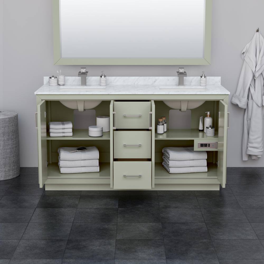 Wyndham Collection 66 in. W x 22 in. D x 35 in. H Double Bath Vanity in Light Green with Carrara Cultured Marble Top and 58 in. Mirror WCF111166DLGC2UNSM58