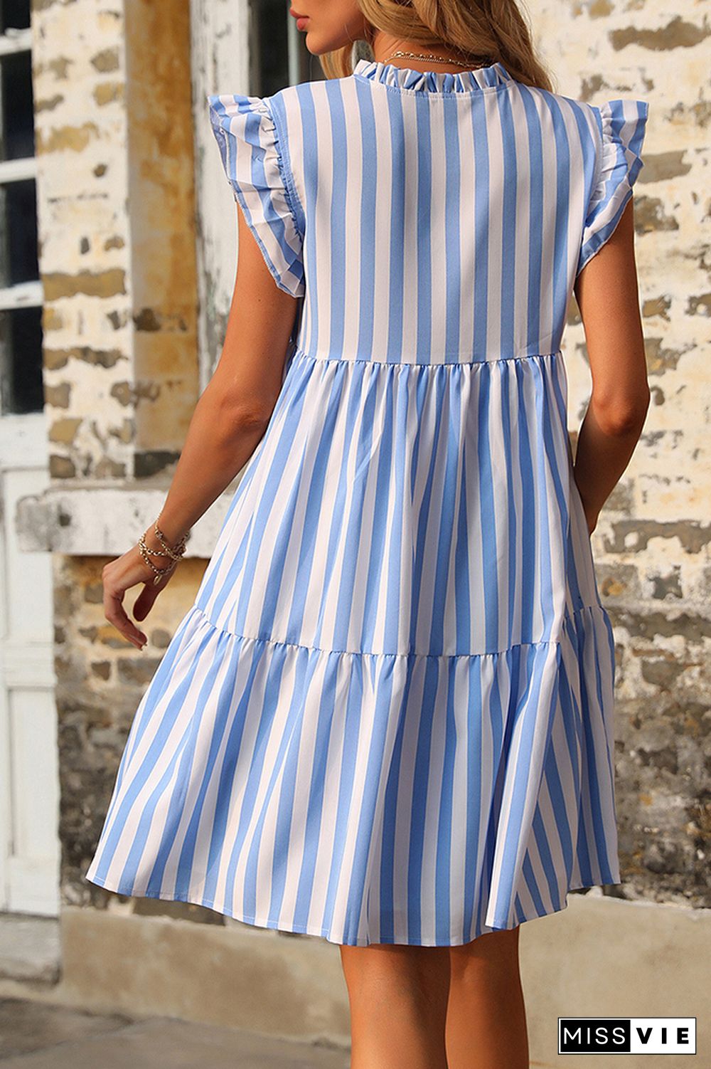 Striped Print Ruffle Sleeves Dress Wholesale