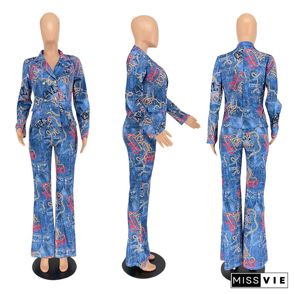 Fashion Print Long Sleeve Flared Pants Casual Two-piece Suit