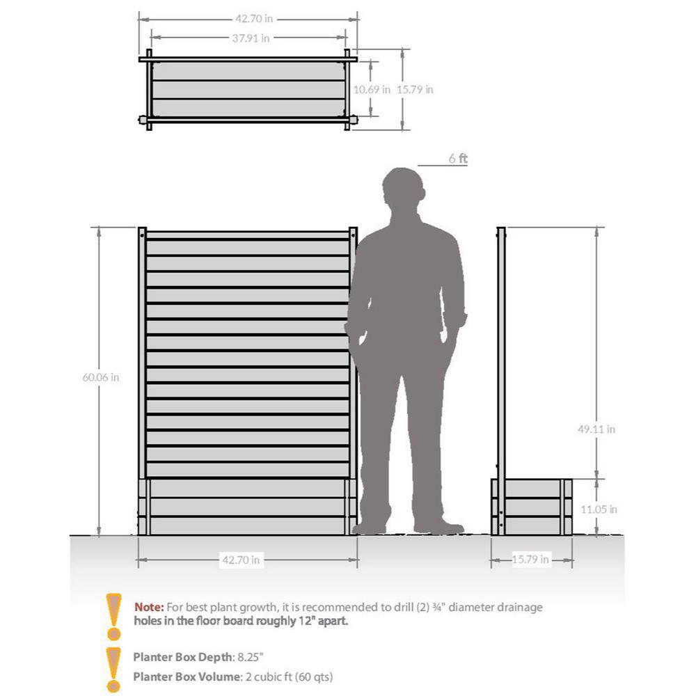 Enclo Privacy Screens 5ft H x 3.5ft W x 1.3 ft L Sedona WoodTek Vinyl Charcoal Color Louvered Freestanding Screen wPlanter Box EC18023 EC18023