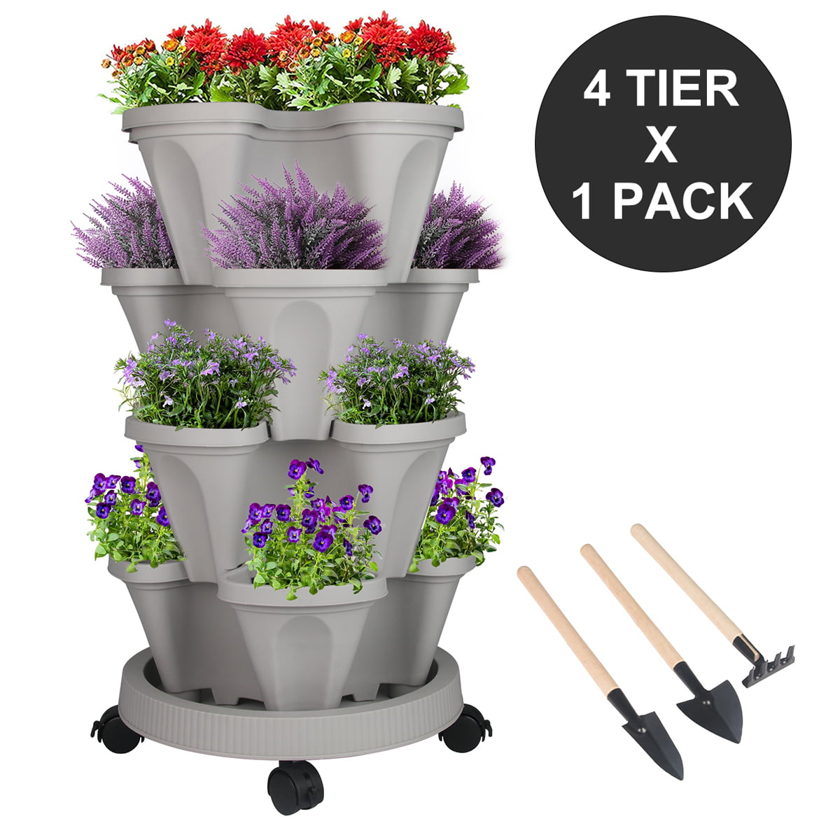 Stackable Planters 4 Tier Vertical Tower Garden Planters Strawberry, Herb, Flower, and Vegetable Planter Indoor Outdoor Gardening Pots with Removable Wheels and Tools-Gray