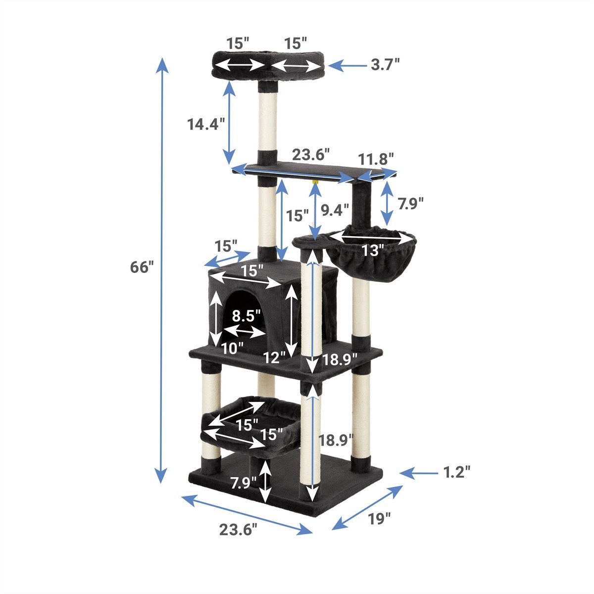 Frisco 66-in Cat Tree with Bed， Condo， Lounge Basket and Top Perch