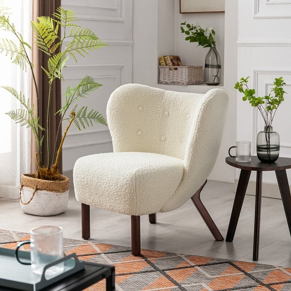 Accent Chair Lambskin Sherpa Wingback Tufted Side Chair with Solid Wood Legs