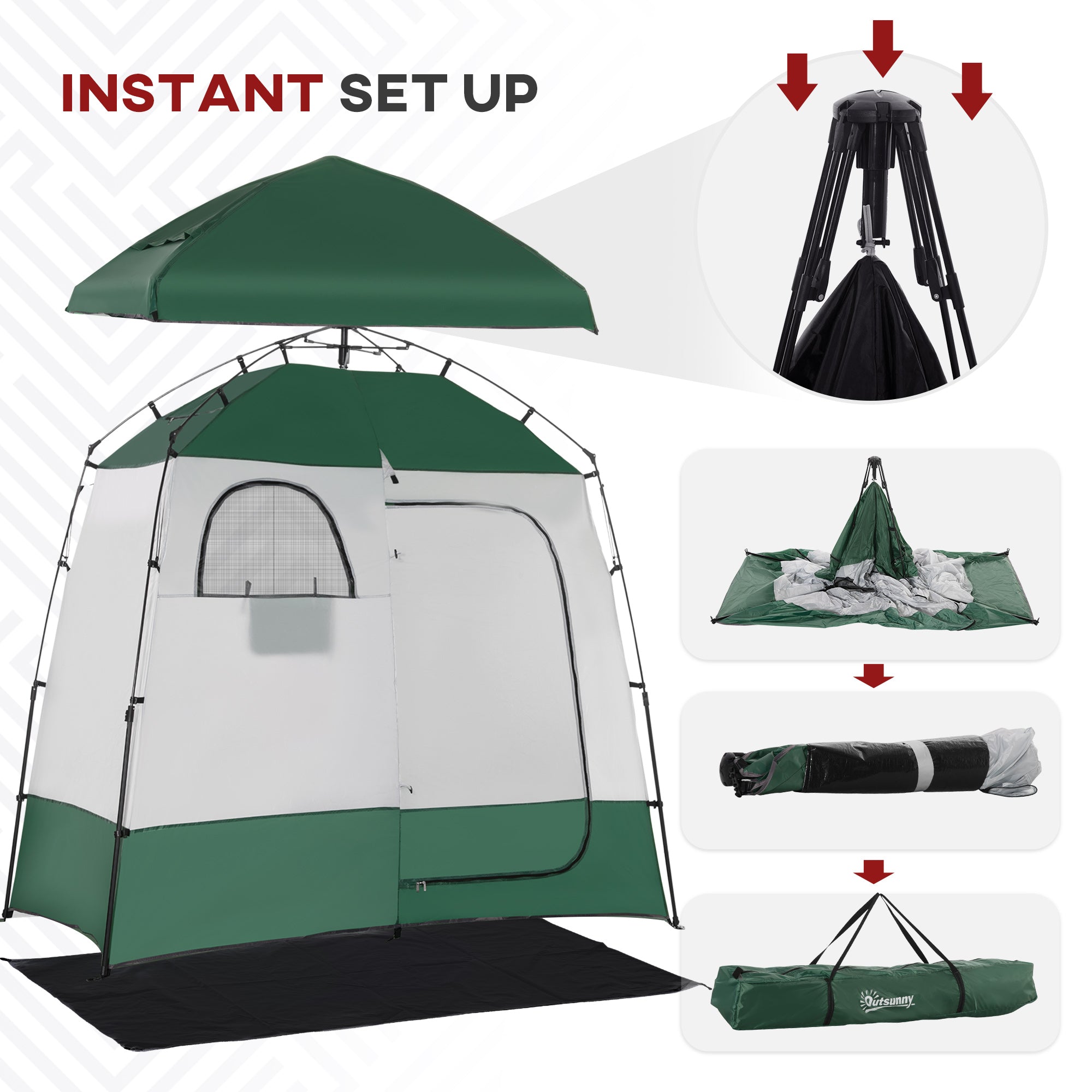 Outsunny Shower Tent, Pop Up Privacy Shelter for Camping, Dressing Changing Room, Portable Instant Outdoor Shower Tent Enclosure w/ 2 Rooms, Shower Bag, Floor and Carrying Bag, Green