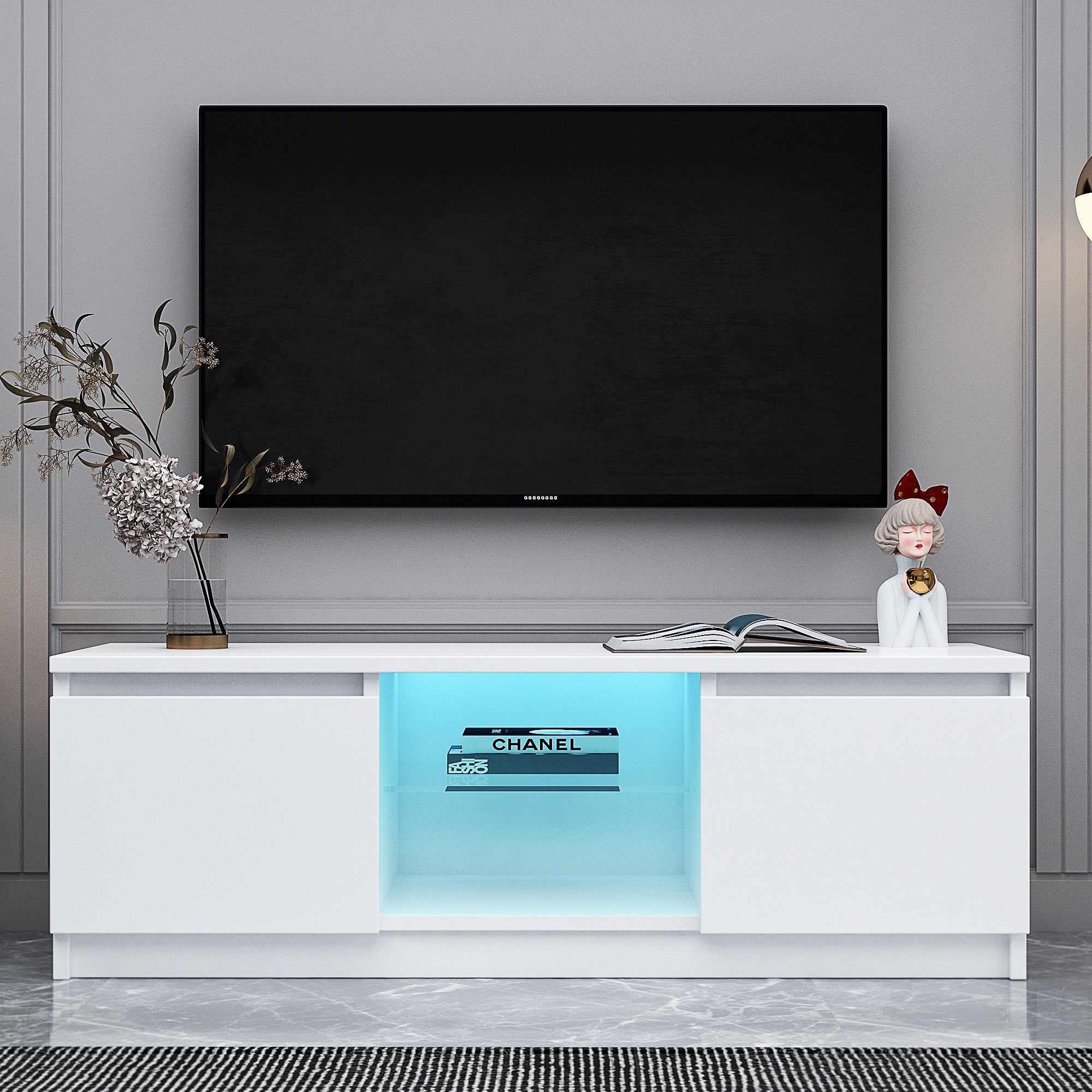 White LED TV Stand Cabinet with Lights with Storage Drawers， Entertainment Center Media Console Table