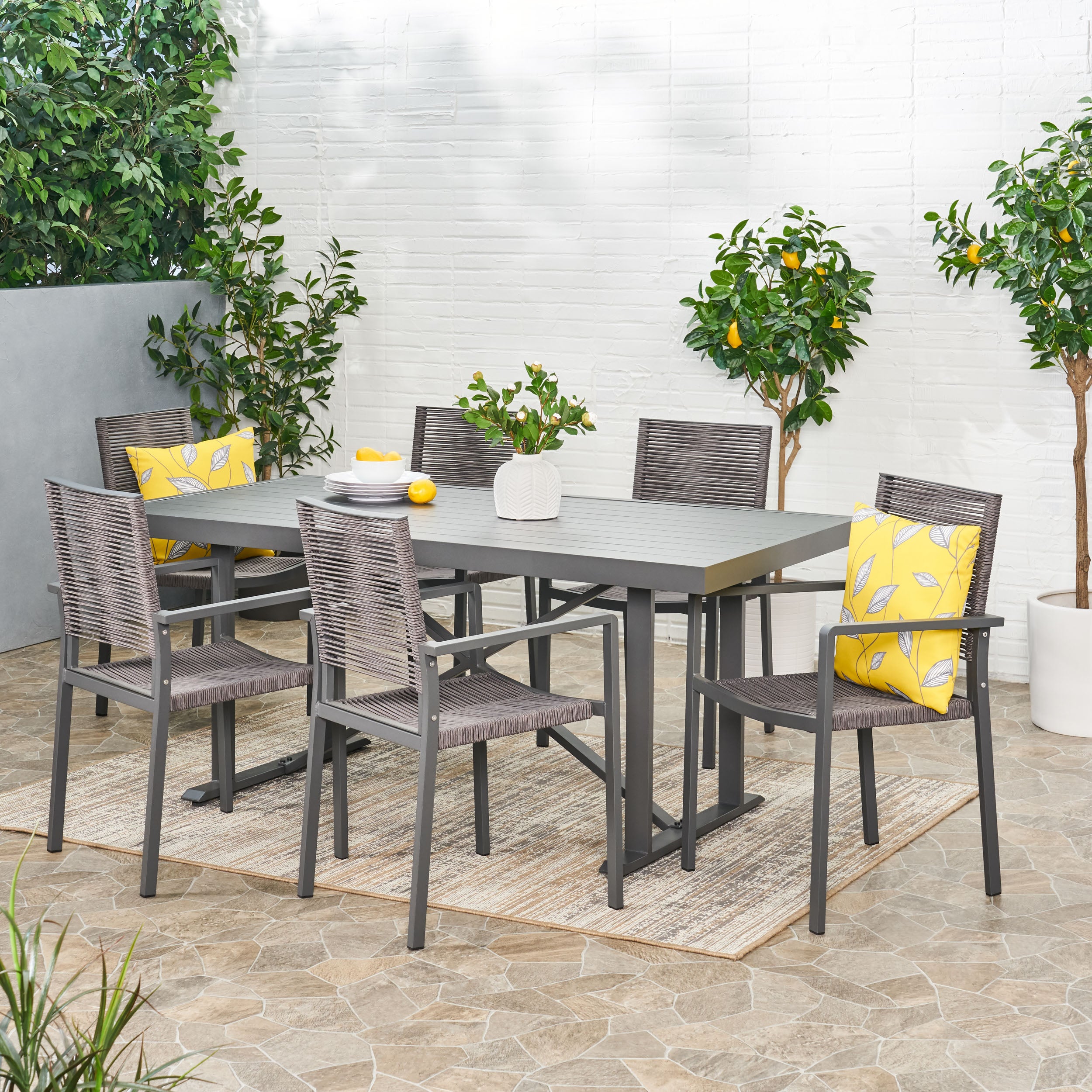 Aponaug Outdoor Modern Industrial Aluminum 7 Piece Dining Set with Rope Seating