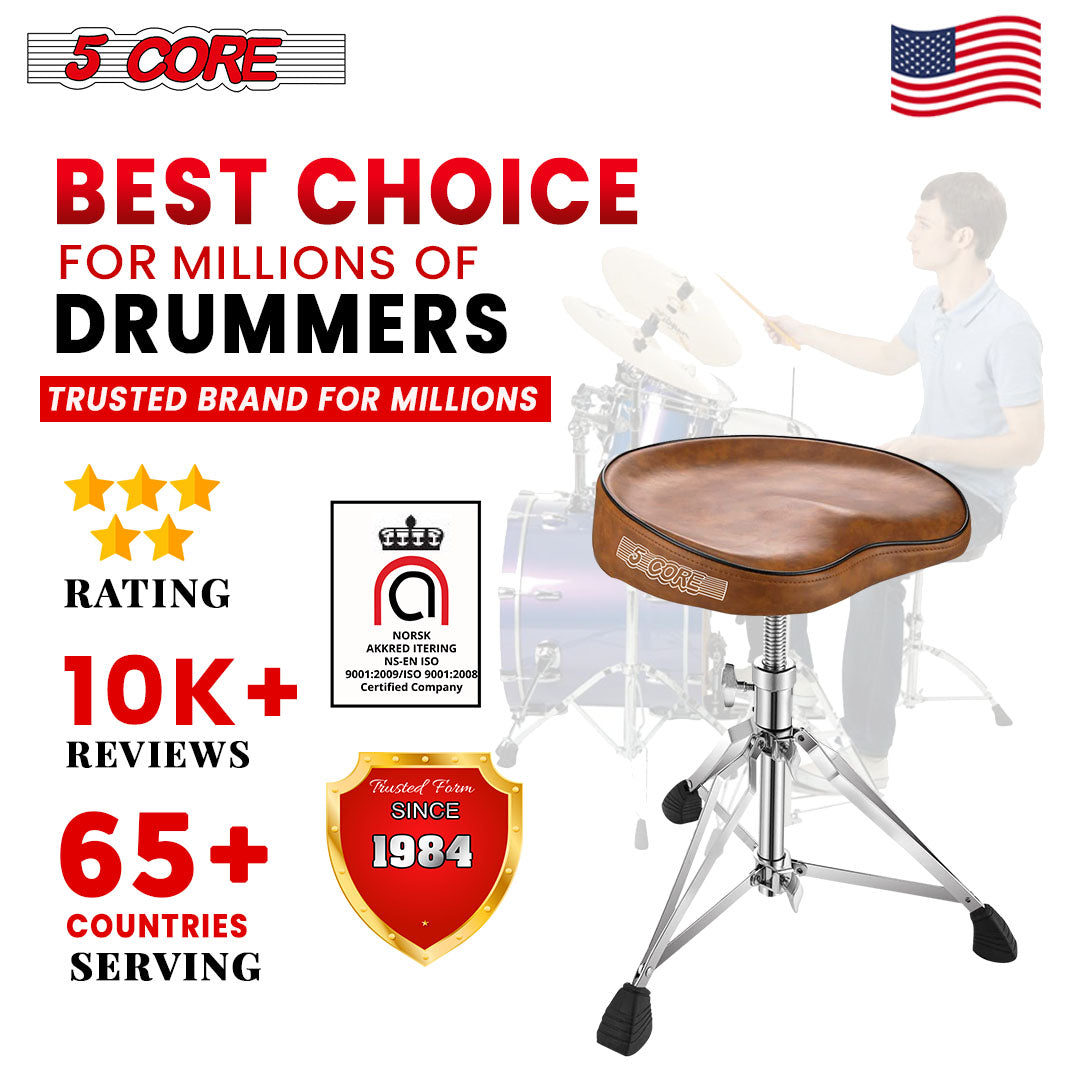 5 Core Drum Throne Saddle Brown| Height Adjustable Padded Comfortable Drum Seat| Stools Chair Style with Double Braced Anti-Slip Feet, Comfortable Seat for Drummers, Guitar Players- DS CH BR SDL