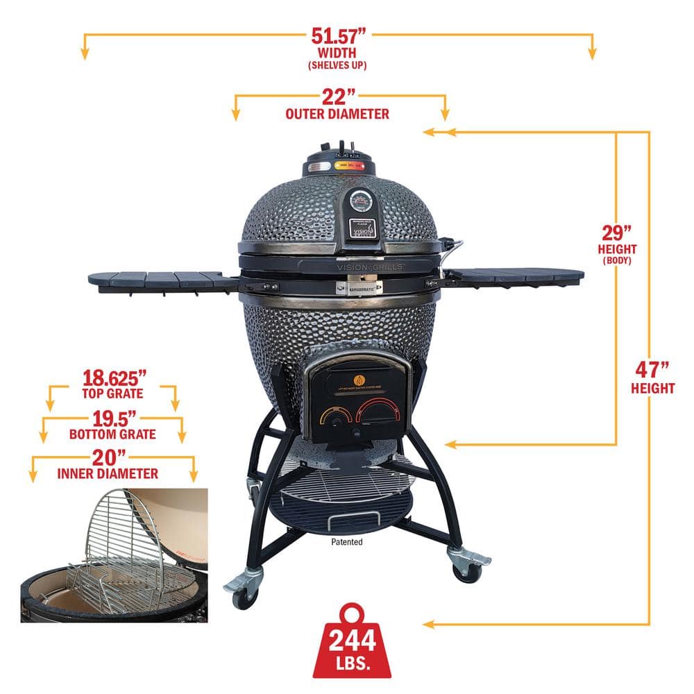 Vision Grills 22 in. Kamado XD402 Ceramic Charcoal Grill in Metallic Grey with Cover, Storage Cart, Shelves, Lava Stone, Ash Drawer XD-402MG