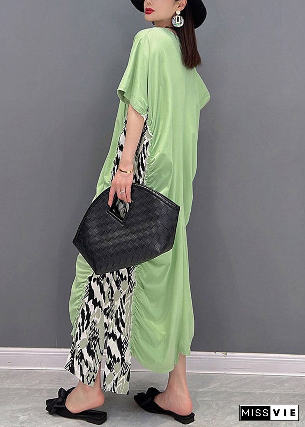 Slim Fit Green O-Neck Asymmetrical Patchwork Wrinkled Chiffon Dress Short Sleeve