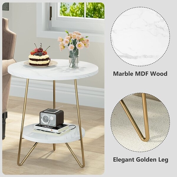 Marble Gold End Table Side Table with Shelves