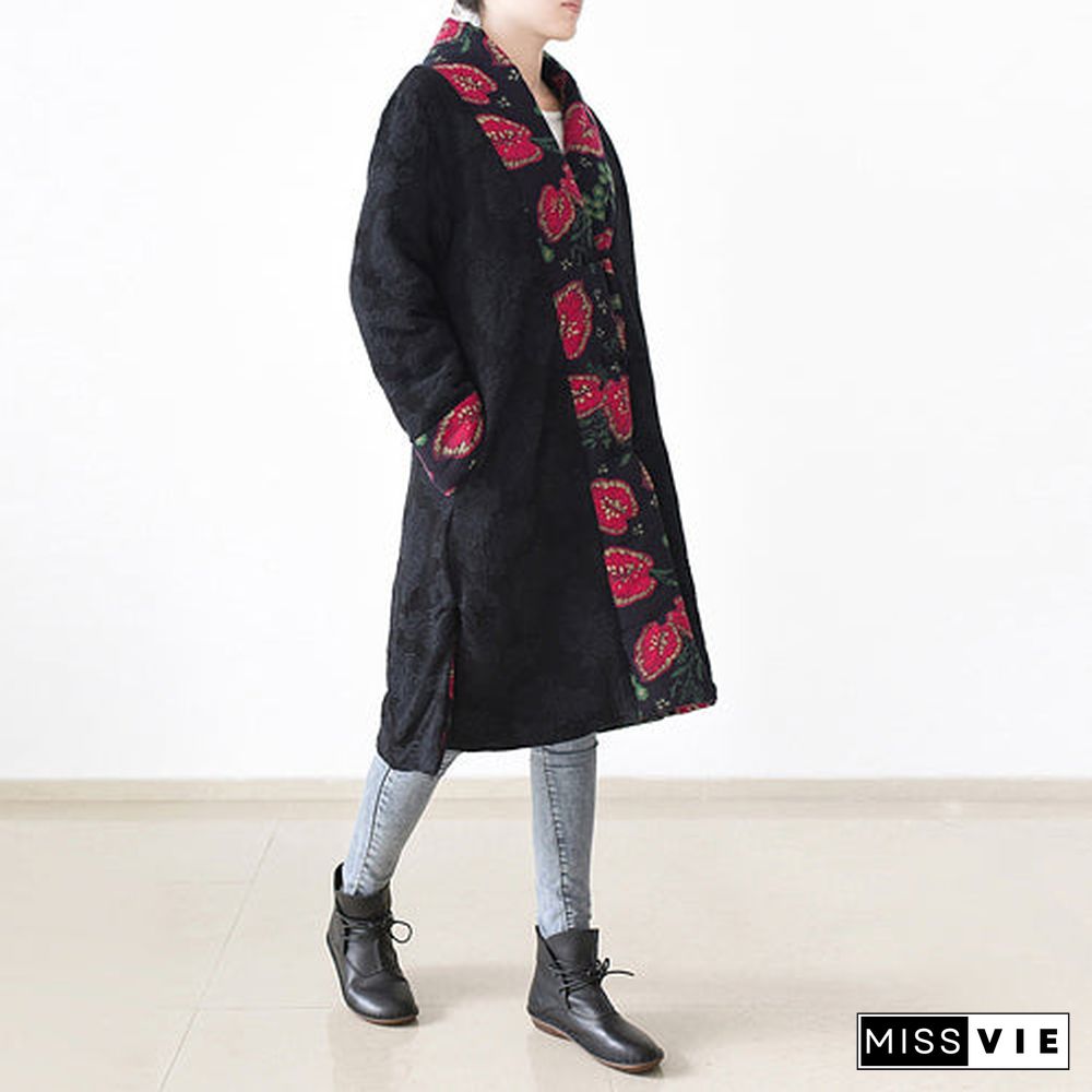 Casual black print Puffers Jackets Loose fitting patchwork down jacket women side open overcoat