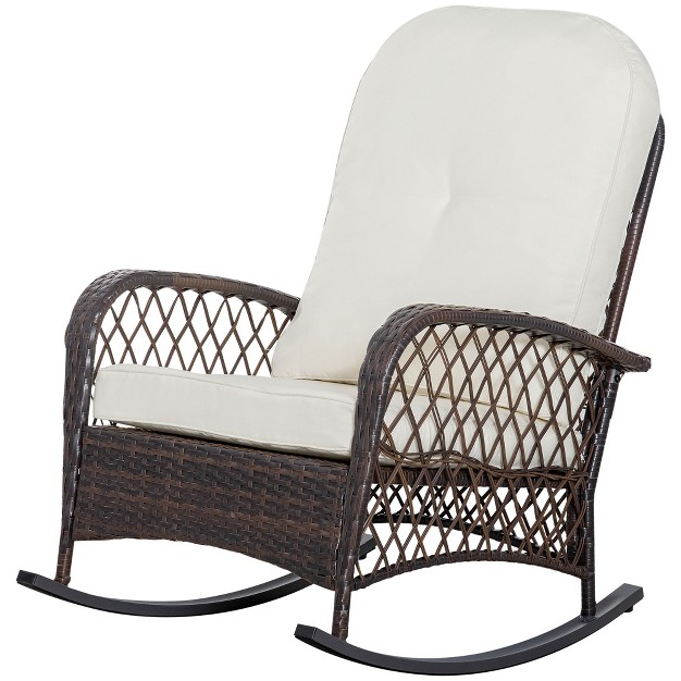 Outsunny Outdoor Wicker Rocking Chair Patio Pe Rattan Recliner Rocker Chair With Soft Cushion For Garden Backyard Porch