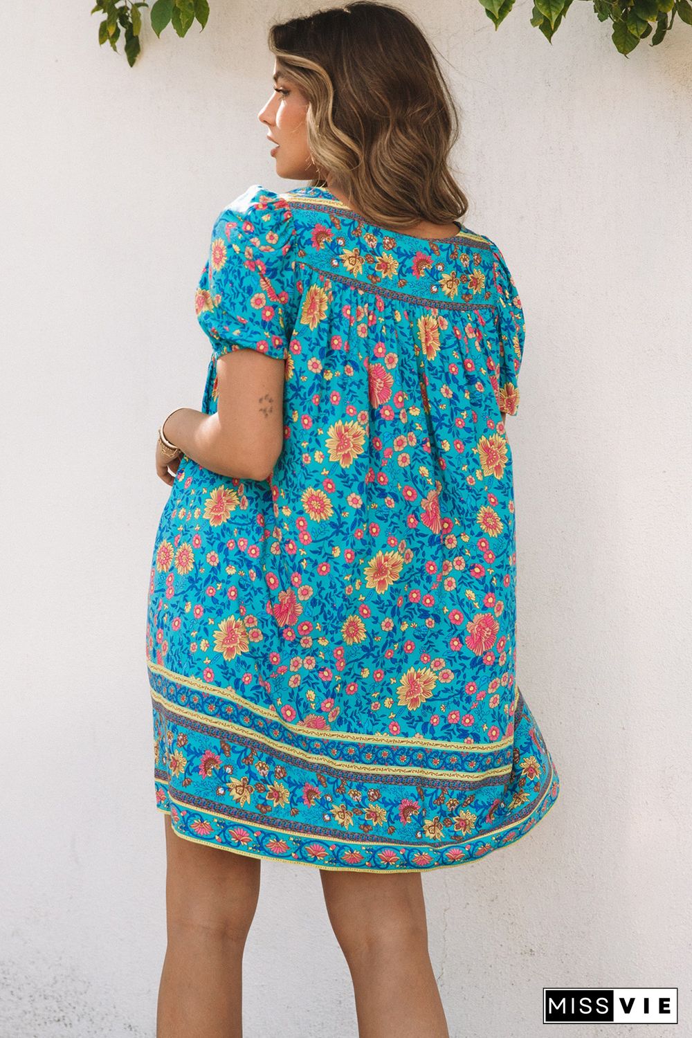 Blue Floral Print Empire Waist Flowy Dress