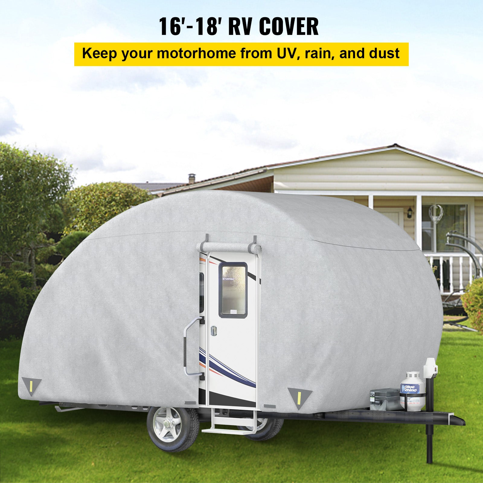 VEVOR Teardrop Trailer Cover， Fit for 16' - 18' Trailers， Upgraded Non-Woven 4 Layers Camper Cover， UV-proof Waterproof Travel Trailer Cover with 2 Wind-proof Straps and 1 Storage Bag