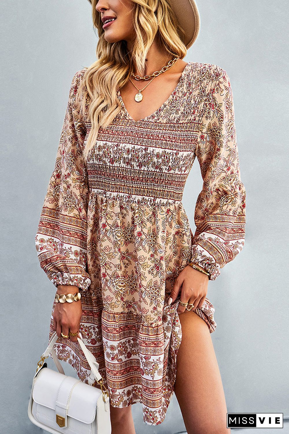 V Neck Smocked Boho Floral Long Sleeves Dress