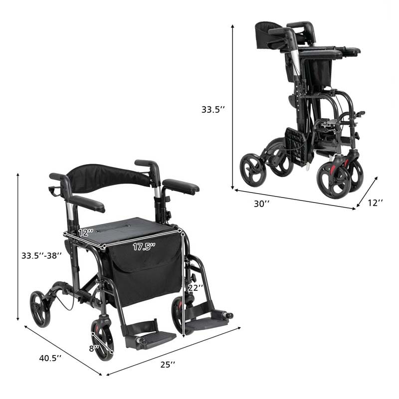 2 in 1 Rollator Walker Wheelchair Folding Medical Walker Rolling Transport Chair Mobility Walking Aid