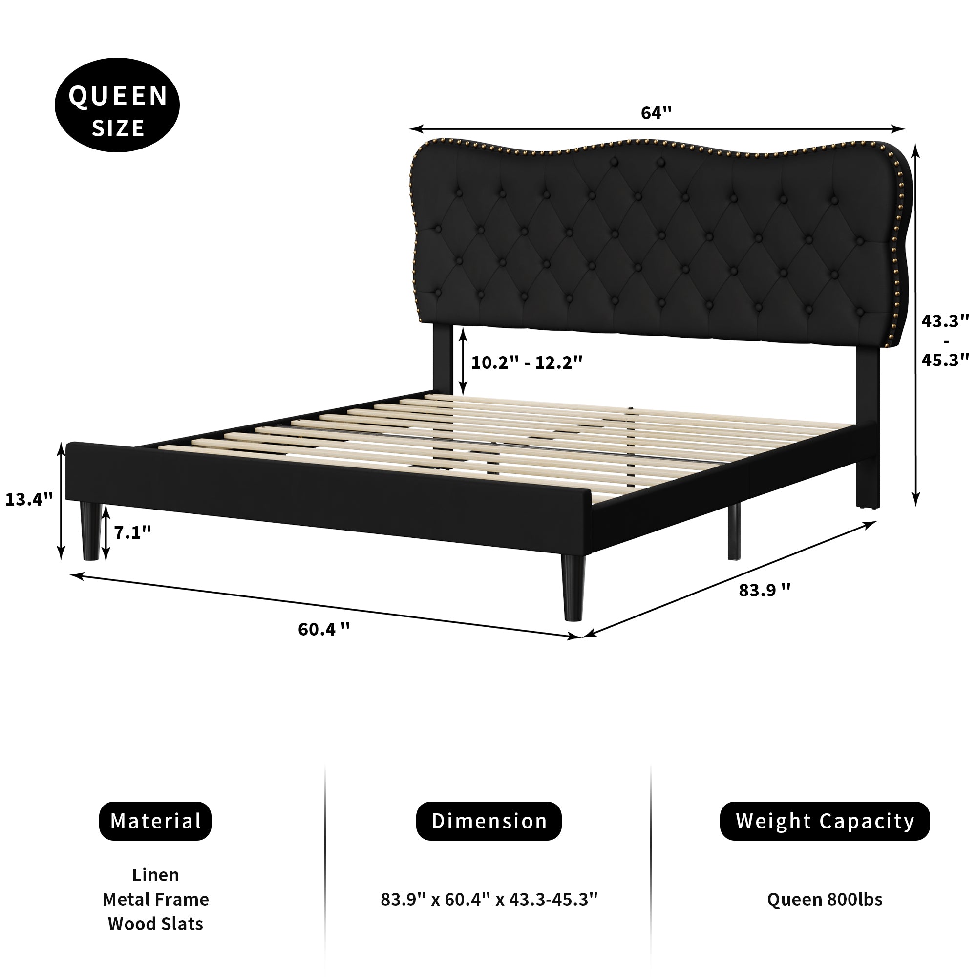 Homfa Black Queen Bed Frame, Linen Upholstered Platform Bed Frame with Button Tufted Adjustable headboard for Bedroom, No Box Spring Needed