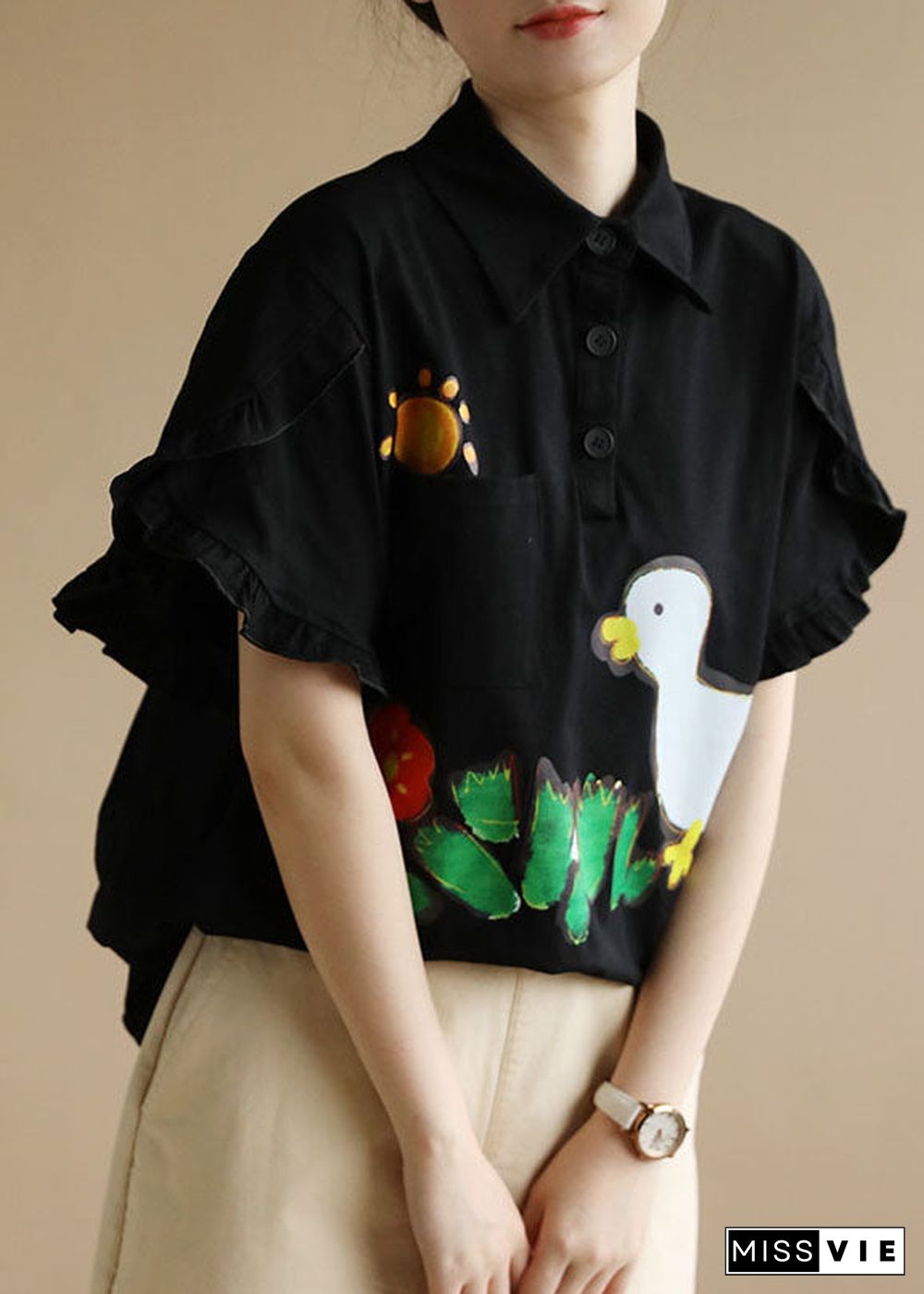 French Black Turn-down Collar Ruffled Character Applique Cotton Shirts Short Sleeve