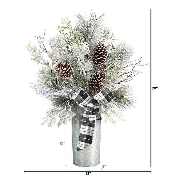 28” Flocked Pinecone with Plaid Bow Artificial Christmas Arrangement in Decorative Vase