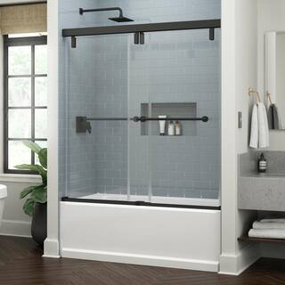 Delta Lyndall 60 in. W x 59.25 in. H Mod Soft-Close Sliding Frameless Tub Door in Matte Black with 38 in. (10 mm) Clear Glass SD6765012