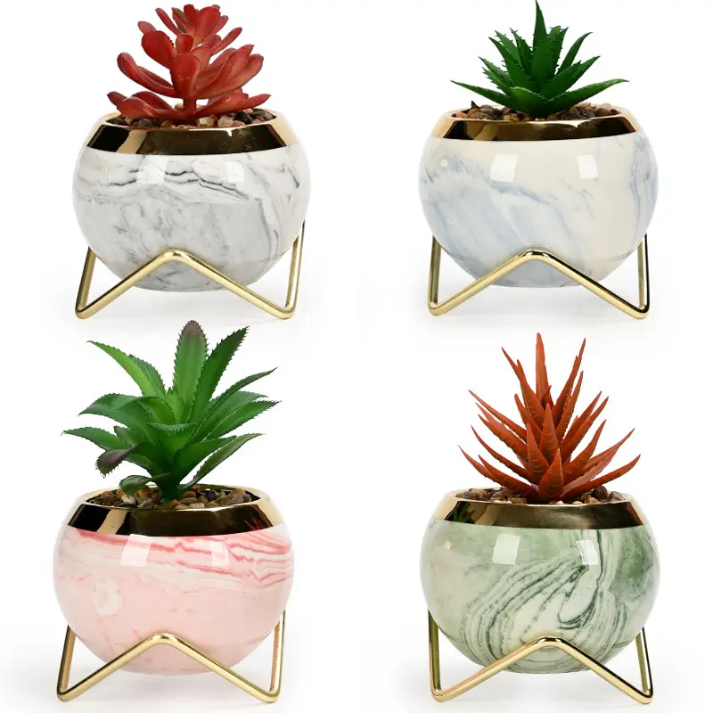 Cheap fashion nordic round ceramic succulent pot with golden edges iron rack  water transfer printing flowerpot