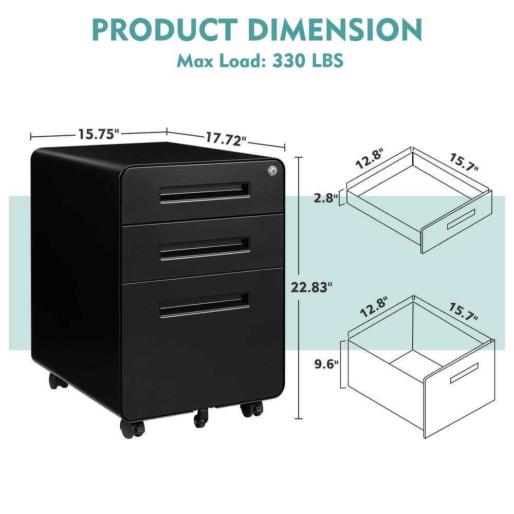 Mlezan Black 3-Drawer Mobile File Cabinet with Lock 17.7 in. D x 15.7 in. W x 22.8 in. H Deep Storage Drawer for Letter Legal SBY202101B