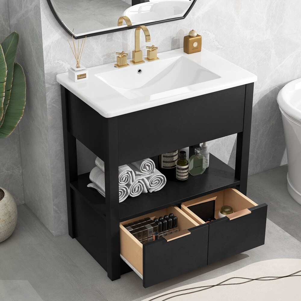 Multifunction Vanity with Ceramic Sink  Bathroom Sink Counter  Open Storage Shelf with 2 Drawers  Toilet Standing Cabinet  Black