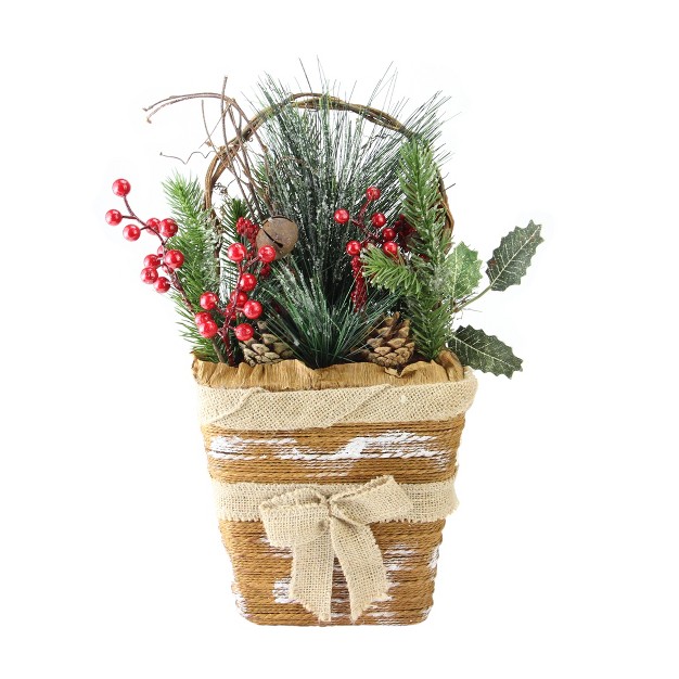 Brown And Green Frosted Pine Cones Artificial Christmas Basket