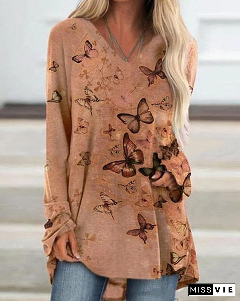 Autumn Butterfly Printed V Neck Slim T-shirt