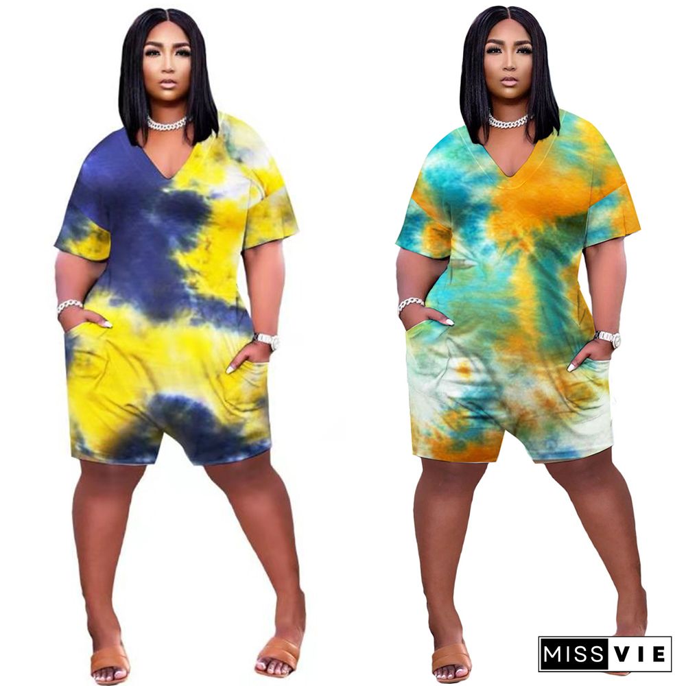 Tie Dye V Neck Short Sleeve Loose Plus Size Romper