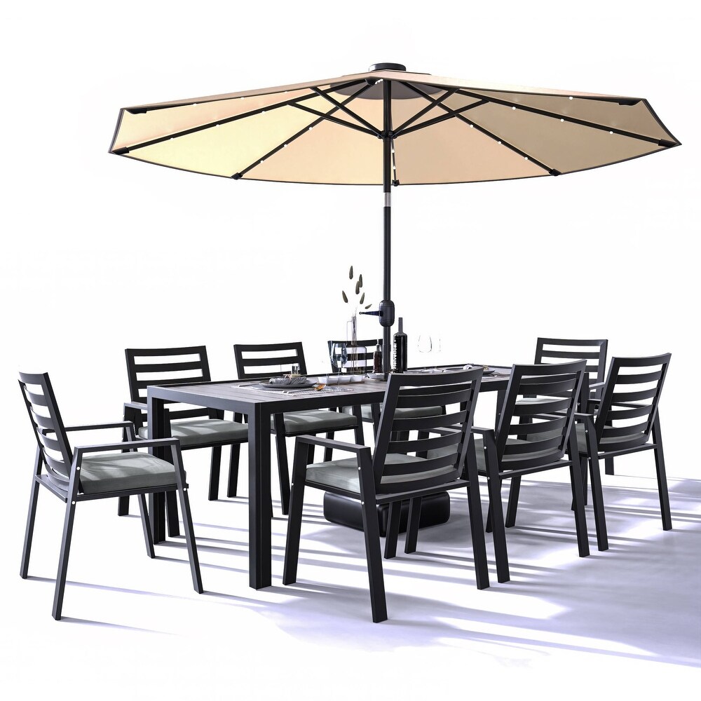 LeisureMod Chelsea Modern 9 Piece Outdoor Dining Set in Black Aluminum