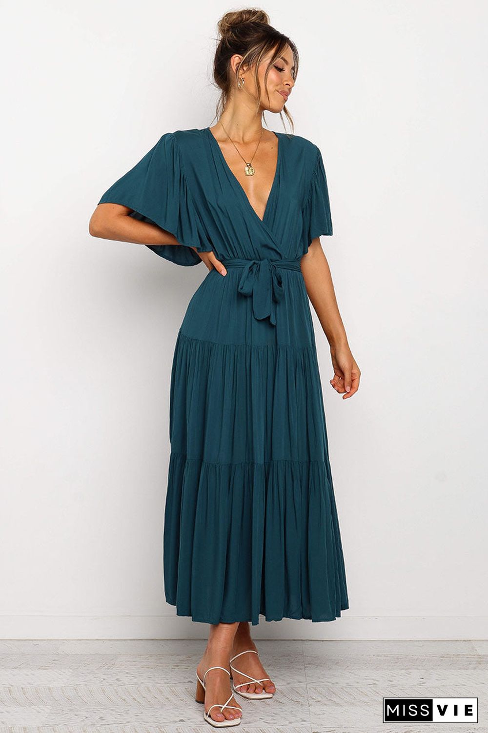 V Neck Tie Waist Short Sleeve Maxi Dress