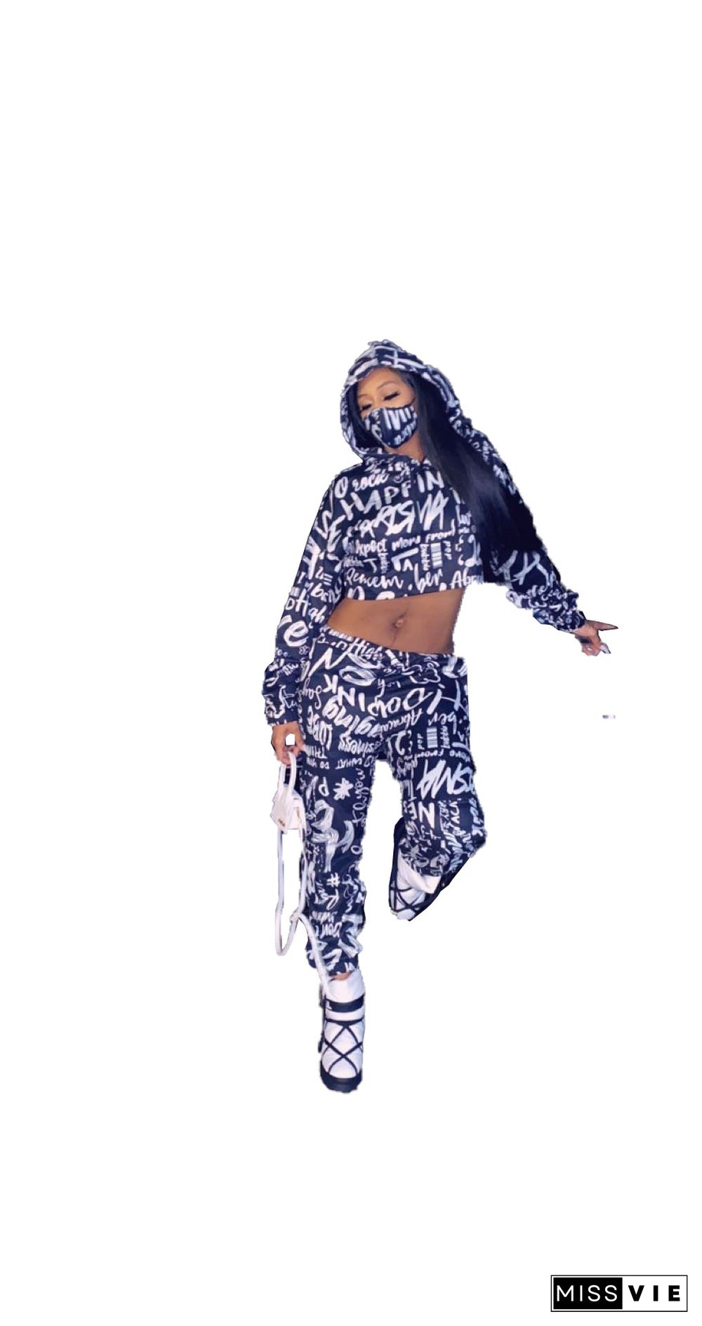 Letter Printed Hooded Sweatshirt Crop Top Pants Set