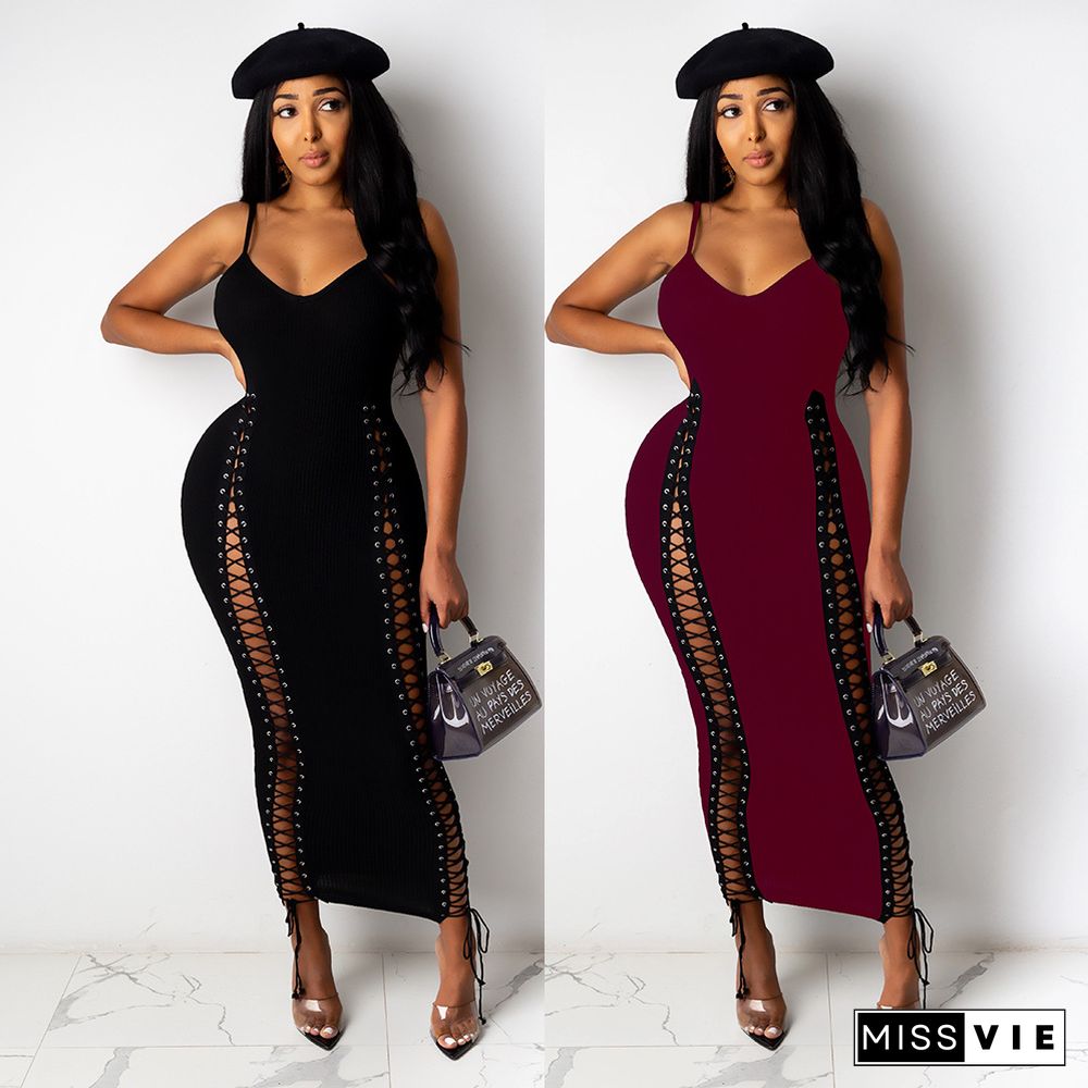 Sexy V-neck Sleeveless Bodycon Hollow Lace Up Dresses