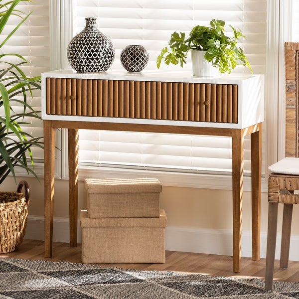 Odile Mid-Century Modern Two-Tone Natural Brown and White Bayur Wood 1-Drawer Console Table