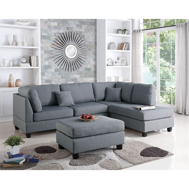 Bobkona Dervon Polyfabric Left or Right Hand Chaise Sectional with Ottoman Set, Multiple Colors