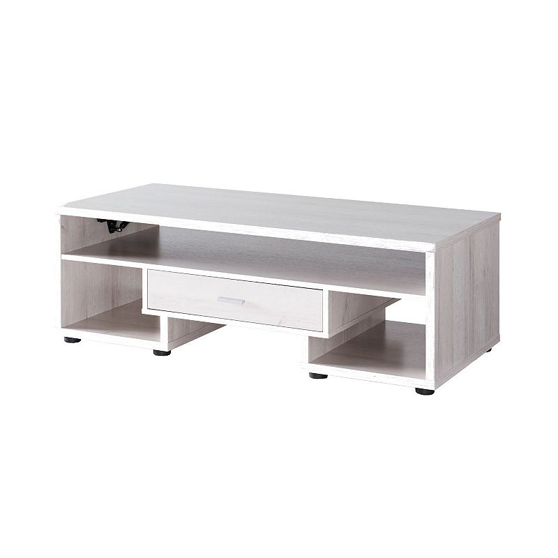 FC Design  3-Shelf White Oak Coffee Table with Pull Up Top and Center Drawer