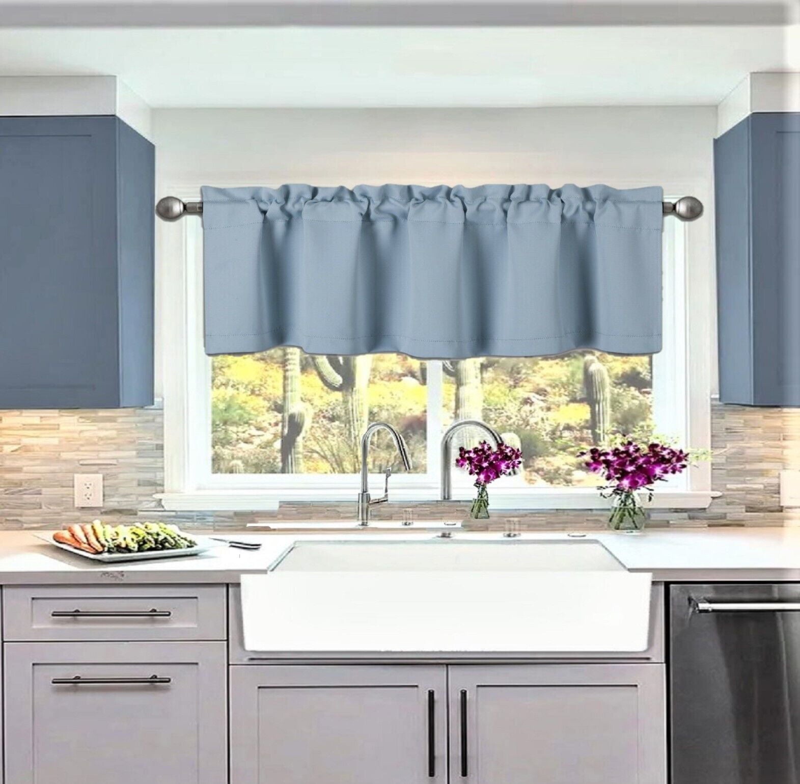 1 Kitchen valance thermal light blue solid rod pocket blackout window dressing filtering TVLO size 54 wide X 18 length