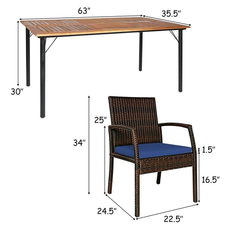 7 Pcs Rattan Patio Dining Set with Umbrella Hole, Acacia Wood Tabletop, Cushioned Chairs