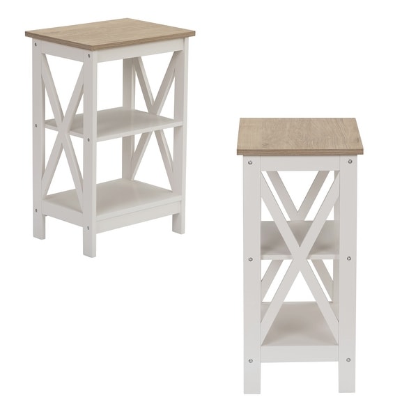 Set of 2 End Table， 3-Tier Wood Nightstand Side Table with X-Design Side for iving Room， Bedroom， Ivory White