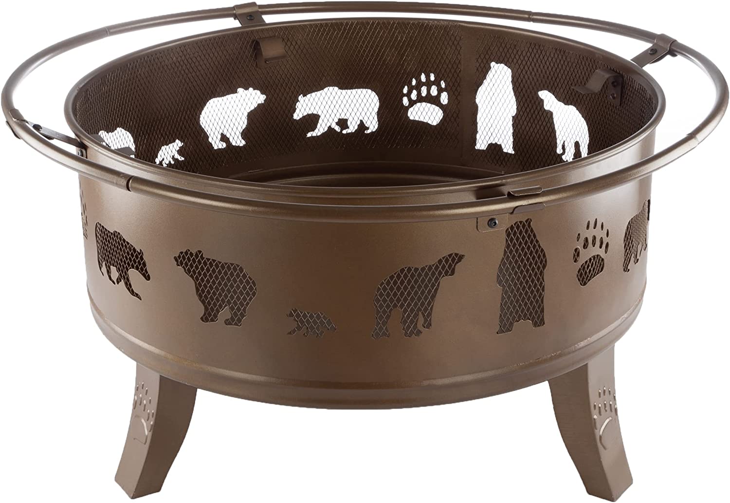 Nature Spring 50-LG1202 32” Outdoor Deep Fire Pit-Round Large Steel Bowl with Bear Cutouts， Mesh Spark Screen， Log Poker and Storage Cover-Patio Wood Burning， Antique Gold