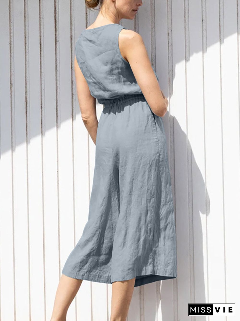 Solid Button Sleeveless Elastic Waist Wide Leg Jumpsuit