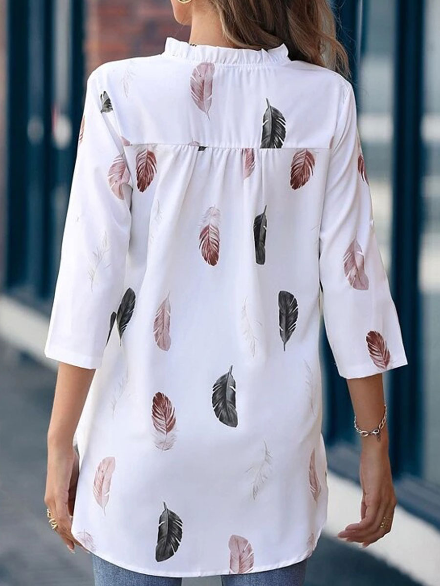 V-neck Casual Loose Feather Print Long-sleeved Blouse